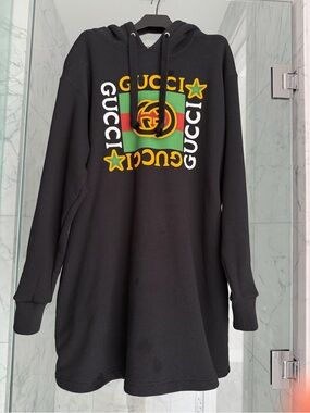 Gucci Graphic Print Hooded Pullover Mini Dress Made in Italy